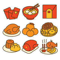 Delicious food items including noodles, oranges, and desserts create vibrant feast