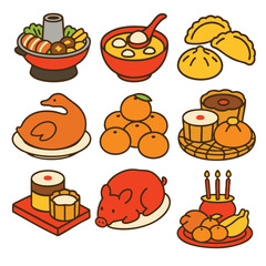 Delicious food items including dumplings, oranges, and pig symbolize celebration and joy