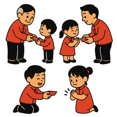 Celebration of tradition with family exchanging red envelopes, symbolizing good luck