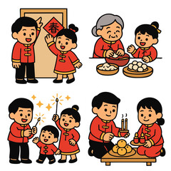 Celebration of Lunar New Year with family, featuring traditional attire and festive activities