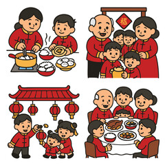 Celebration of family traditions with cooking, sharing meals, and festive decorations