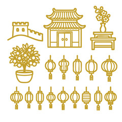 Chinese architecture, lanterns, flowers, Great Wall, traditional design, cultural symbols