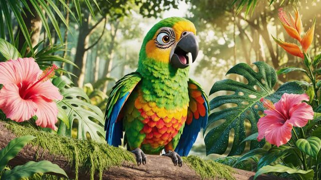 A vivid cartoon parrot perched on a tropical branch, animated as if it&rsquo;s speaking, surrounded by lush jungle colors. Perfect for children&rsquo;s educational videos or animation scenes.