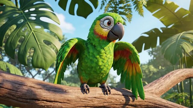 A cartoon-style parrot resting on a branch surrounded by tropical foliage, rendered in bright colors and clean animation. Suitable for educational or nature-themed videos.