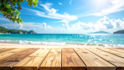 Empty wooden table on a beautiful tropical beach with turquoise ocean and blue sky.