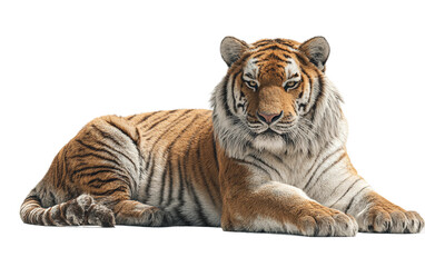 Bengal tiger lying majestically showing detailed stripes, muscular body, and serene expression isolated on transparent background PNG