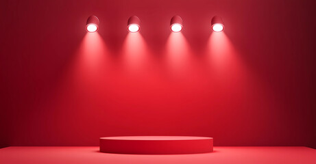 Product display stand on the red stage under the spotlight