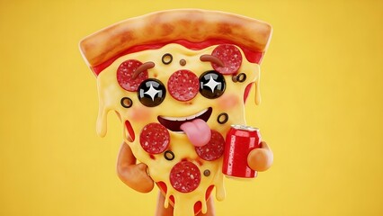 Happy 3D pizza slice character holding a soda can against a yellow background.