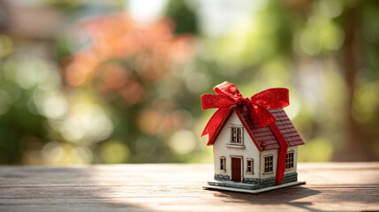 Miniature white ceramic house with a red shingled roof adorned with a large red satin ribbon and bow, placed on a wooden surface outdoors with bokeh green and orange background