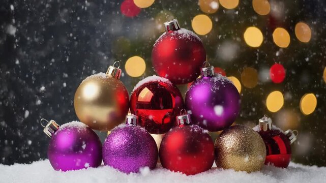 Red, purple and gold baubles stacked as a festive holiday tree in falling snow and bokeh