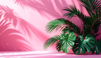 Obraz premium Tropical plants and palm leaf shadows on a vibrant pink background, creating a summer aesthetic.