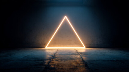 Minimalist abstract photography featuring a glowing neon triangular light structure with vibrant orange illumination