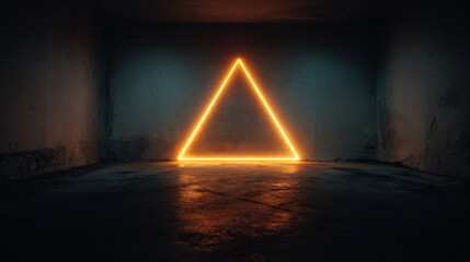 Minimalist abstract photography of a luminous neon triangle with glowing amber-orange edges in a dark room setting