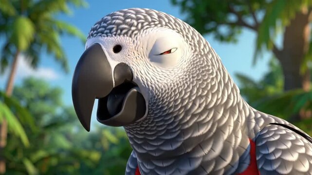 A detailed close-up of a cartoon parrot&rsquo;s head moving gently, showing its vivid feathers and expressive motion. Perfect for children&rsquo;s learning videos.