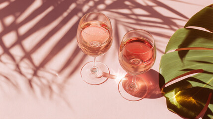 Minimalist flat lay of two transparent glass tumblers filled with pink ros? wine, featuring smooth textures, slender stems, and rounded bowls, set against a soft pink background