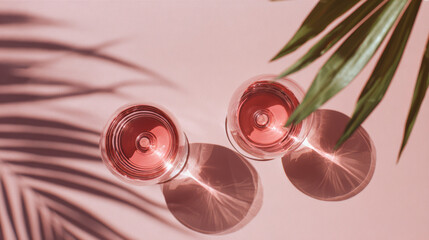 Minimalist flat lay of two transparent glasses filled with pale pink liquid, accompanied by green palm leaves on a soft pink background
