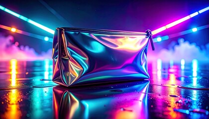 Metallic cosmetic bag reflecting vibrant neon lights and hazy atmosphere, ideal for beauty and fashion content