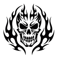 Fototapeta premium A black and white tribal-style graphic of a menacing skull engulfed in flames, suitable for a tattoo or emblem design.