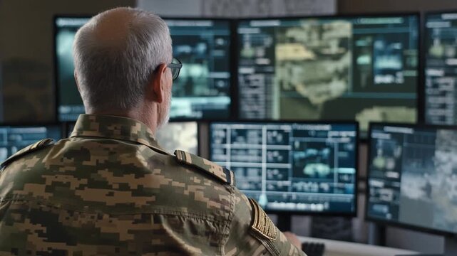 Senior Army Officer in Camouflage Monitoring Digital Screens in Command Center