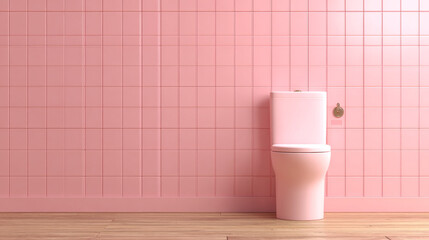 Minimalist pink bathroom with a modern white toilet against pink tiled wall and wooden floor