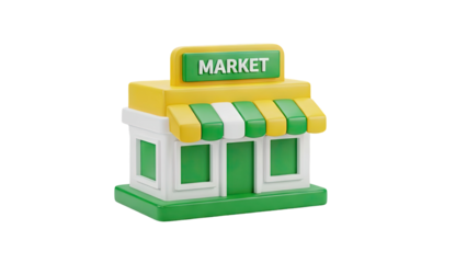 3D Market Store Icon with Green and Yellow Awning on transparent background