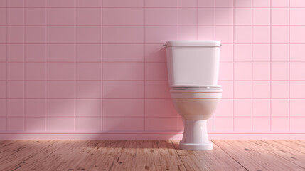 Minimalist pink bathroom with a white ceramic toilet, pink tiled wall, and wooden floor surface