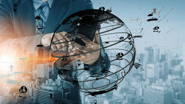 A business professional interacts with a smartphone, symbolizing digital technology and global communication with abstract icons in a modern cityscape. Xenic - Powered by Adobe