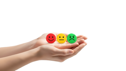 A person's hands holding three colorful smiley face emojis on a white transperent background.png