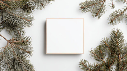 Minimalist white square frame with a smooth matte finish, surrounded by green pine branches with textured needles on a plain white background