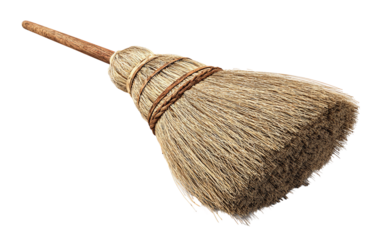 Detailed broom illustration featuring wooden handle and straw bristles emphasizing sweeping and domestic use isolated on transparent background PNG