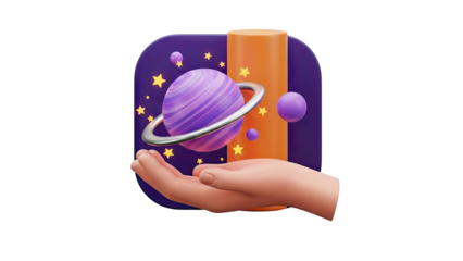 3D Hand holding a stylized planet with stars on transparent background