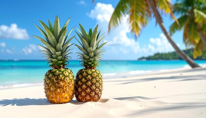 Two fresh pineapples on a white sandy beach with a clear turquoise ocean and lush palm trees in the background.