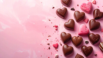ピンク背景に並ぶハート型チョコレート。バレンタインのスイーツイメージ。Heart Shaped Chocolates on Pink Background Valentine Sweets Image.