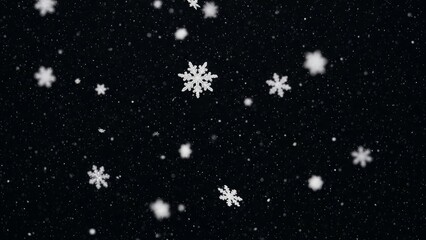 Detailed White Snowflakes Falling Against Dark Background with Soft Glowing Texture