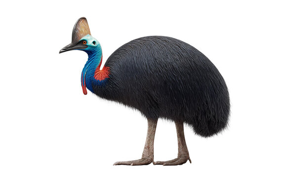 Exotic cassowary standing confidently with detailed feather patterns and commanding wildlife character isolated on transparent background PNG