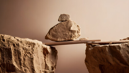 A bridge spanning a cliff, with large and small stones piled up and balancing on it.