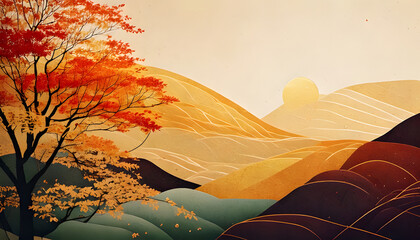 Illustration of mountains and trees with autumn leaves