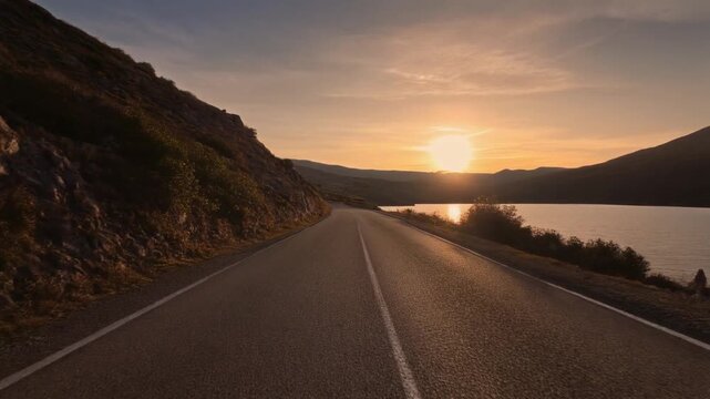 The empty road leading to the lake by sunset, adventure-themed, landscape vistas. 