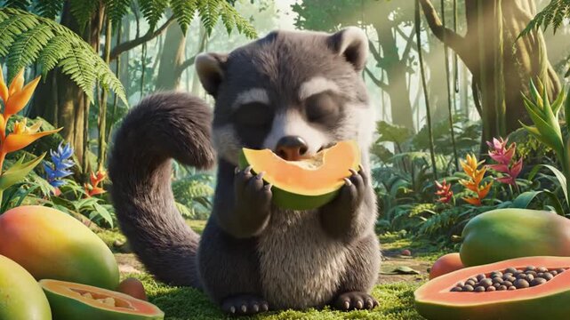 A detailed 8K cartoon of a binturong enjoying tropical fruits in the forest, symbolizing tropical wildlife and child-friendly nature illustration.