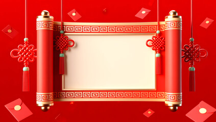 Scroll 3D Frame with Red Envelopes and Chinese Knots