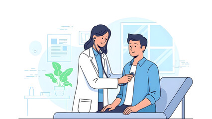A female doctor examining a male patient in a modern medical office setting