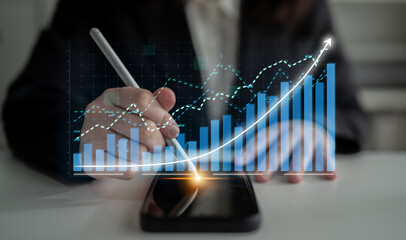 A professional user analyzes data on a smartphone screen, showcasing business growth through graphs and charts, emphasizing strategic decision-making and insights. Impute