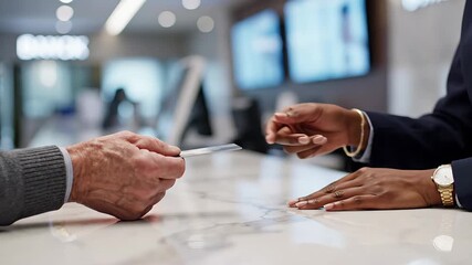 A customers hand extends a credit card to a professional service providers hand across a counter, symbolizing a financial transaction, payment process, or check-in at a modern establishment like a ba. - Powered by Adobe