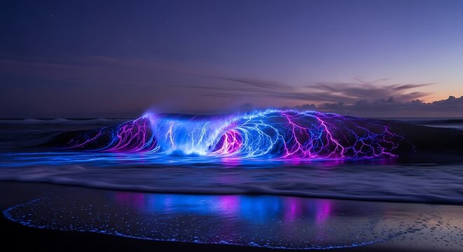 Illuminated cresting ocean wave at dusk displaying luminous patterns