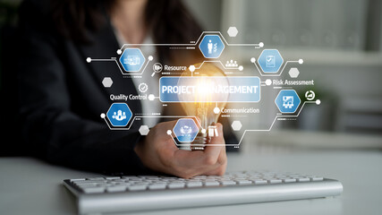 A businesswoman holds a light bulb, symbolizing innovation in project management. The graphic overlay includes icons for resources, risk assessment, and communication. Tessel