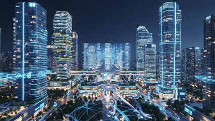 A breathtaking panoramic aerial view of a futuristic smart city at night, showcasing illuminated skyscrapers and vibrant digital light trails symbolizing advanced technology, global connectivity, and. - Powered by Adobe