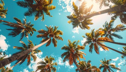Looking up at tall palm trees against a vibrant blue sky with bright sunshine and scattered clouds, creating a tropical summer atmosphere.