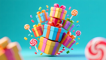 Stacked Colorful Gift Boxes Wobbling at Party