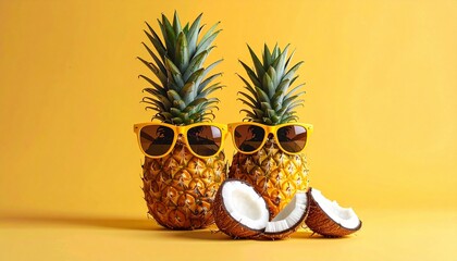 Two pineapples wearing sunglasses with cracked coconuts on a vibrant yellow background, evoking a fun tropical summer vibe.