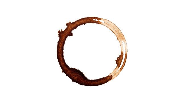 single, perfect circular dark sepia coffee stain with feathered watercolor bleed texture and granulation, isolated on a transparent background, abstract minimalist design concept